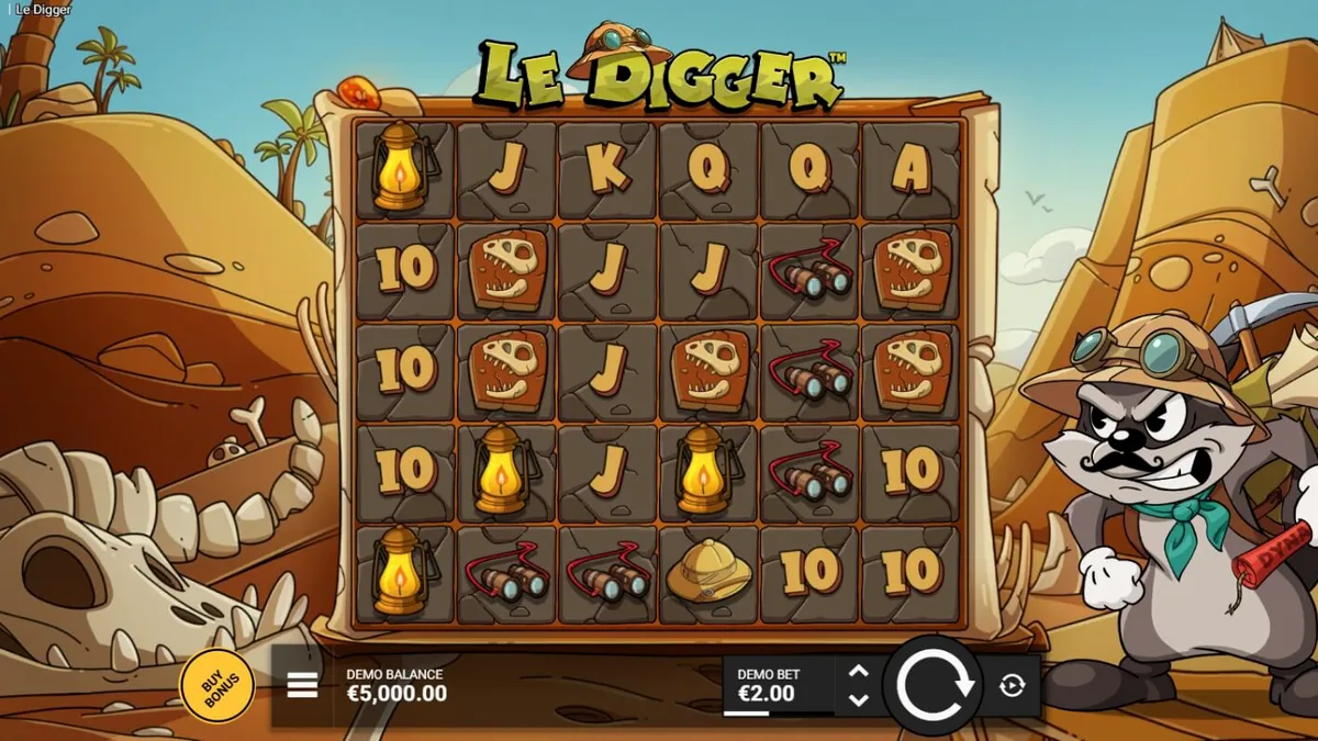 Tampilan visual slot Le Digger dengan karakter Smokey si rakun di latar belakang padang pasir.