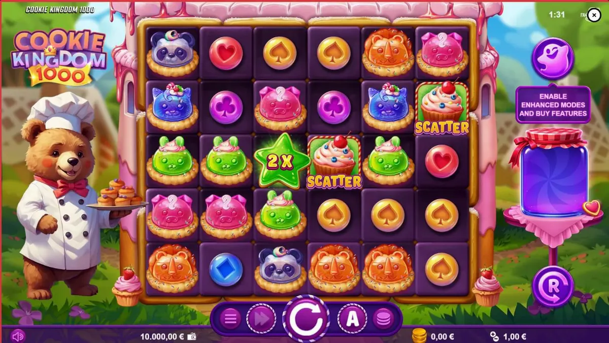Tampilan visual penuh warna dari slot Cookie Kingdom 1000 dengan tema permen dan beruang baker.