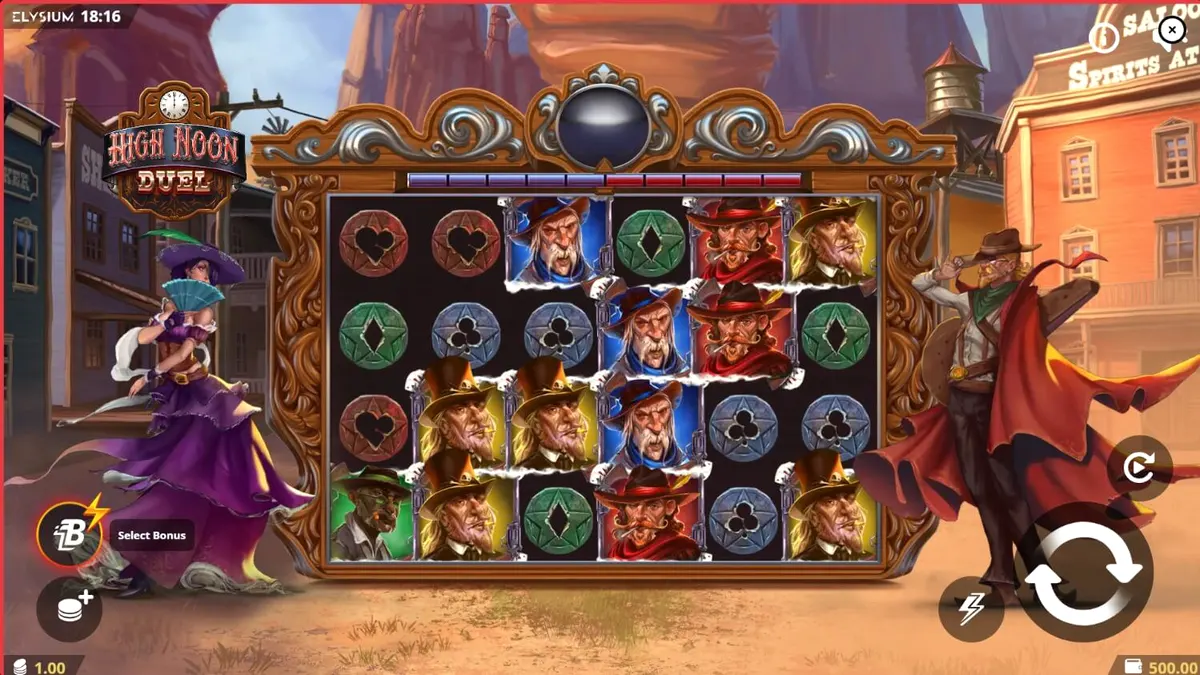 Pemandangan dramatis duel Wild West di slot High Noon Duel