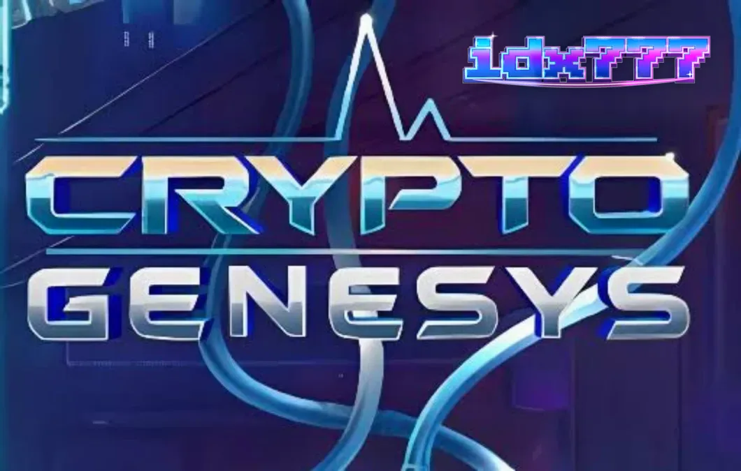 Tampilan layar permainan slot Crypto Genesys dengan latar belakang kota cyberpunk neon
